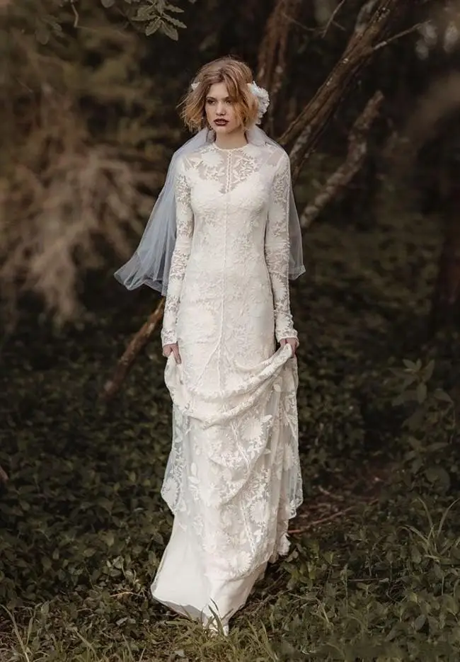 Robe de mariée sirène en dentelle, col transparent, manches longues, style Boho, tenue pastorale Vintage