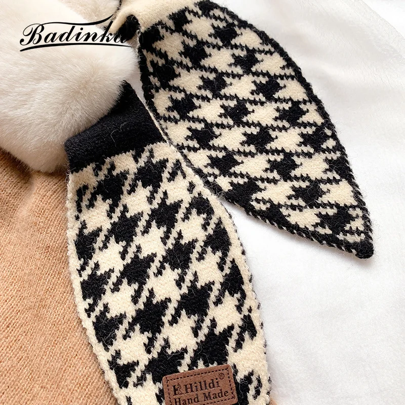 2022 New Winter Thick Warm Faux Rabbit Fur Neck Collar Scarf Neckerchief Women Houndstooth Designer Knitted Scarfs for Ladies