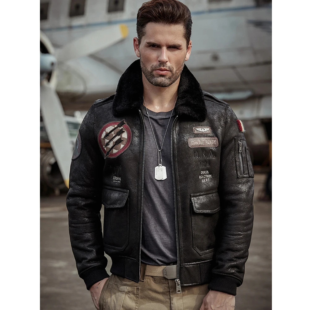 

2019 New Mens B6 Shearling Jacket Sheepskin Coat Leather Jacket Mens Fur Coat Badge A2 Airforce Flight Coat