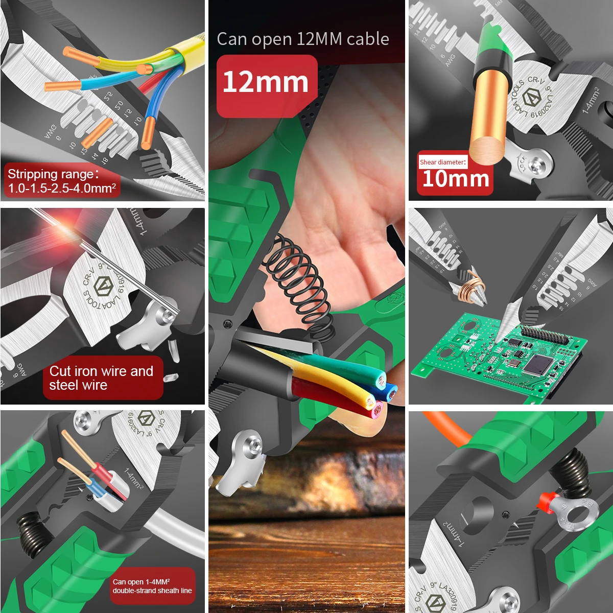 LAOA-Alicates de electricista 9 en 1, alicates multifuncionales de punta de aguja para pelado de cables, cortadores de cables, herramientas manuales de prensado de terminales