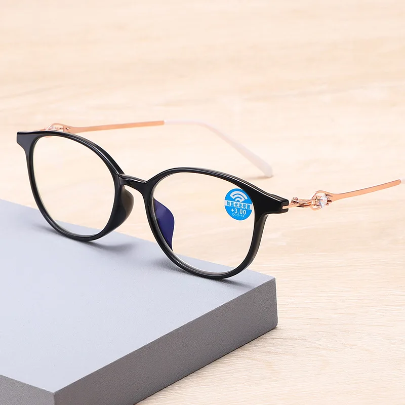 Fashion Women Full-rim Circular Reading Glasses Blue cut Diamond-set Reader Lady Anti-fatigue Eyewear