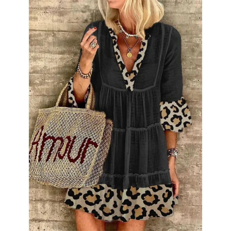 

Women's Fashion Casual Loose V Neck Leopard Printing Stitching Short-Sleeved Dress Daily Commute Dresses 2021 Summer Hot Sale