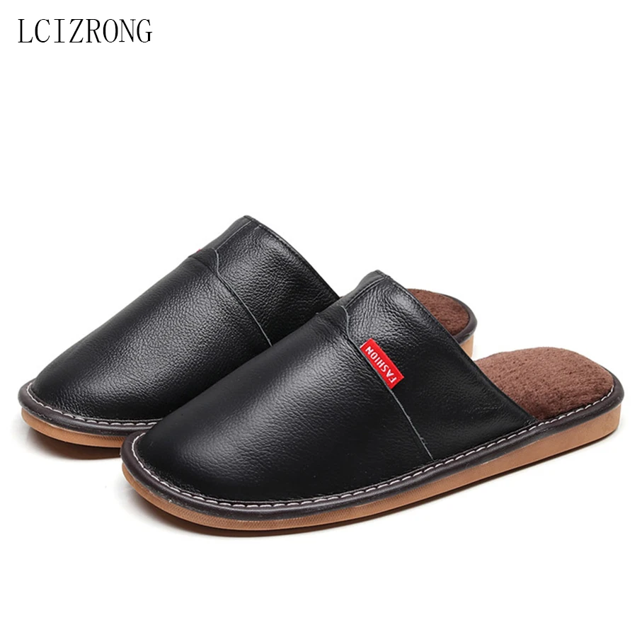 LCIZRONG Home Slippers for Women Plush Warm Woman/Men Sewing Genuine Leather Unisex Waterproof House Slippers Big Size 35-44