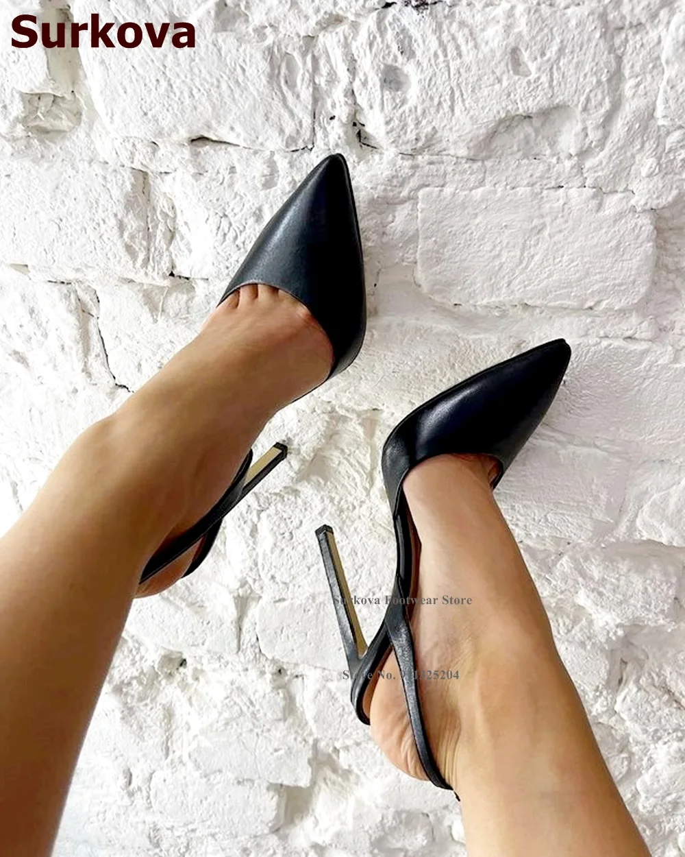 Surkova Black Matte Leather Slingback Dress Shoes Pointy Toe Shallow Cut Pumps Concise Street Fashion Buckle Strap Shoes