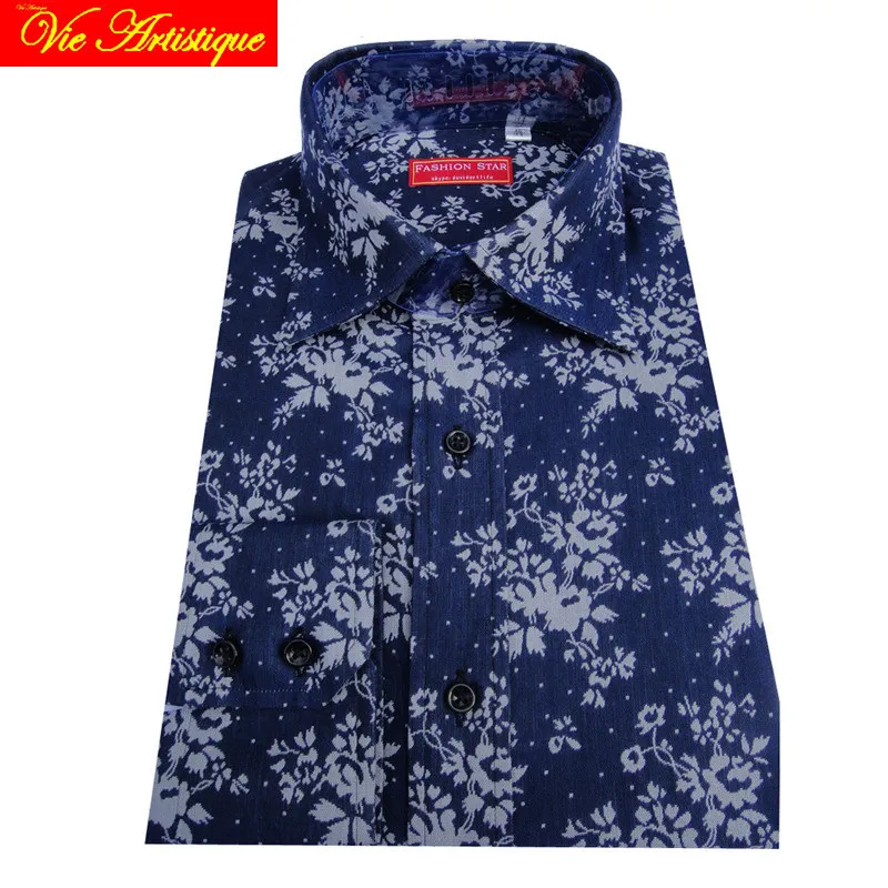 

custom tailor made Men's bespoke cotton floral shirts business formal wedding ware blouse jean blue white flower fashion david