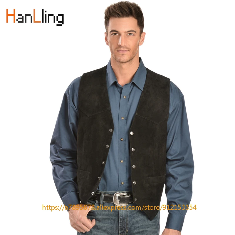 Men's Suede Vest Western-Style Slim Western Denim Jacket Steampunk Waistcoat Мужчины желет