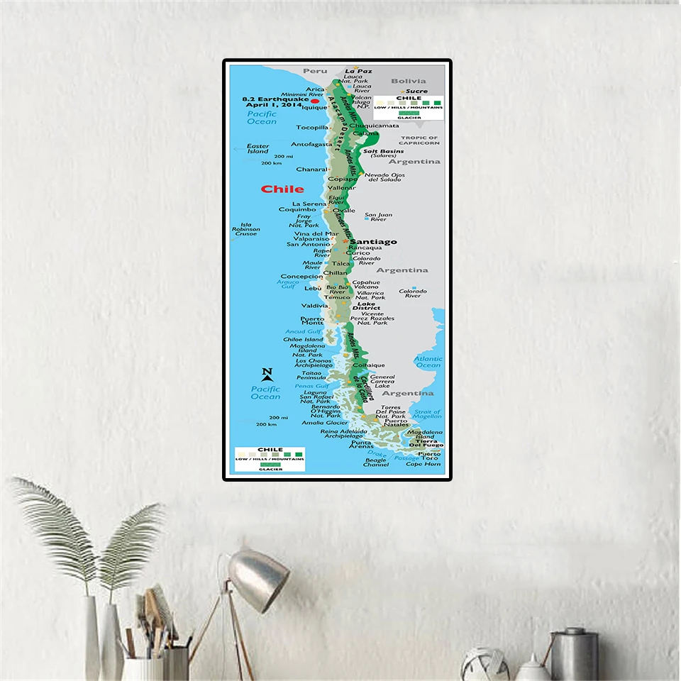 Mapa orográfico chilena de 60x120 cm, arte de parede, cartaz de pintura em tela, decoração para sala de estar, material escolar