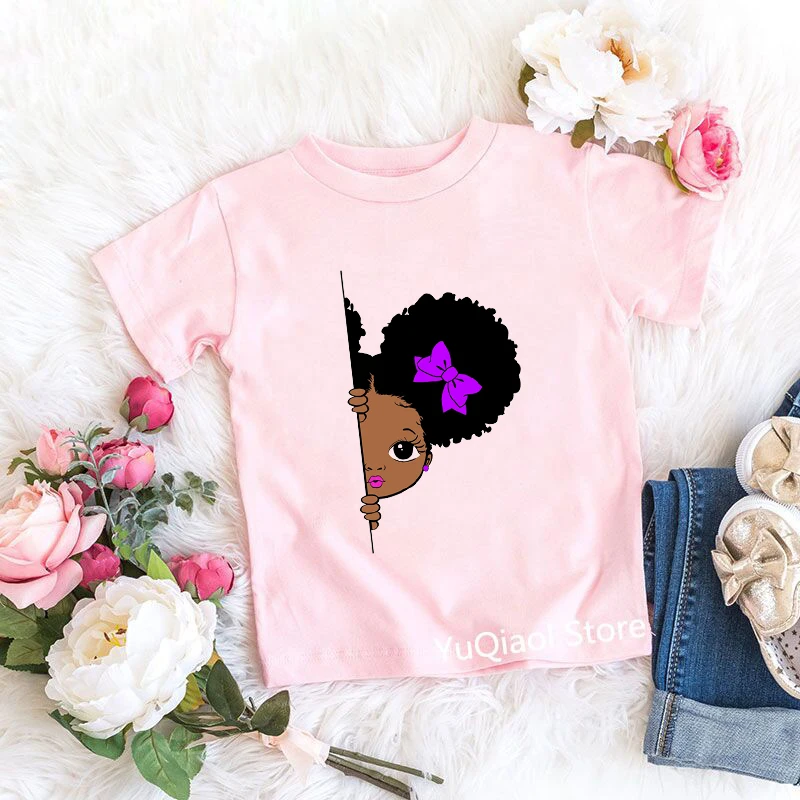 

Cute Peeking Little Melanin Princess Print African American Black Girl T-Shirt Summer Baby Toddler Kids Clothes From 3 To 13 Yea