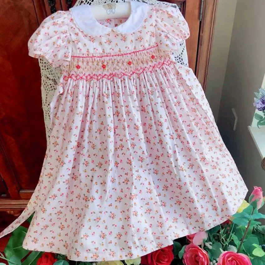 

Baby girl summer vintage Spanish smocking princess dress kids puff sleeve cotton birthday party dress