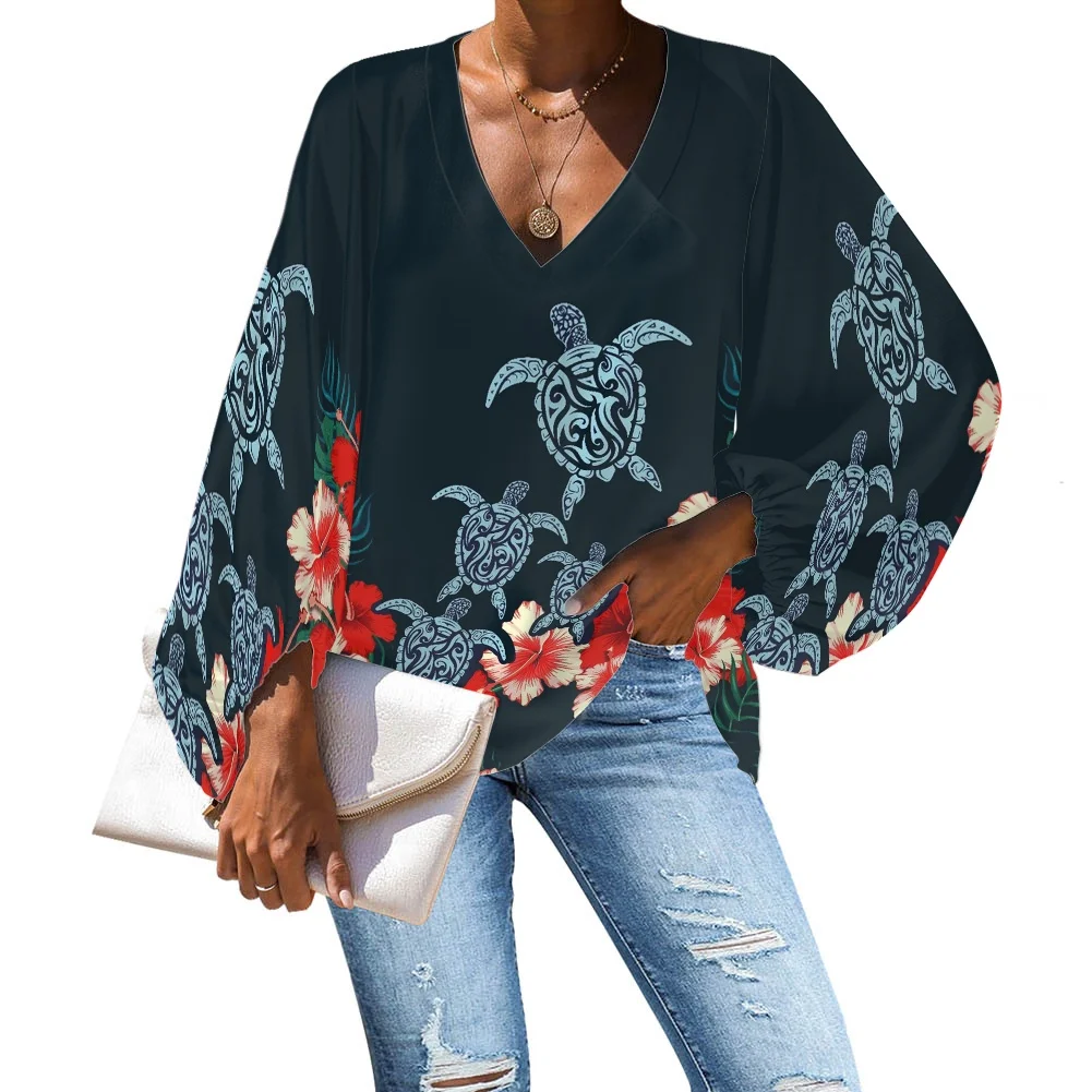 HYCOOL Long Blouse Chiffon Long Sleeve Casual Blouse Winter Polynesian Tribal Hawaii Floral Printing Club Winter Tops Women