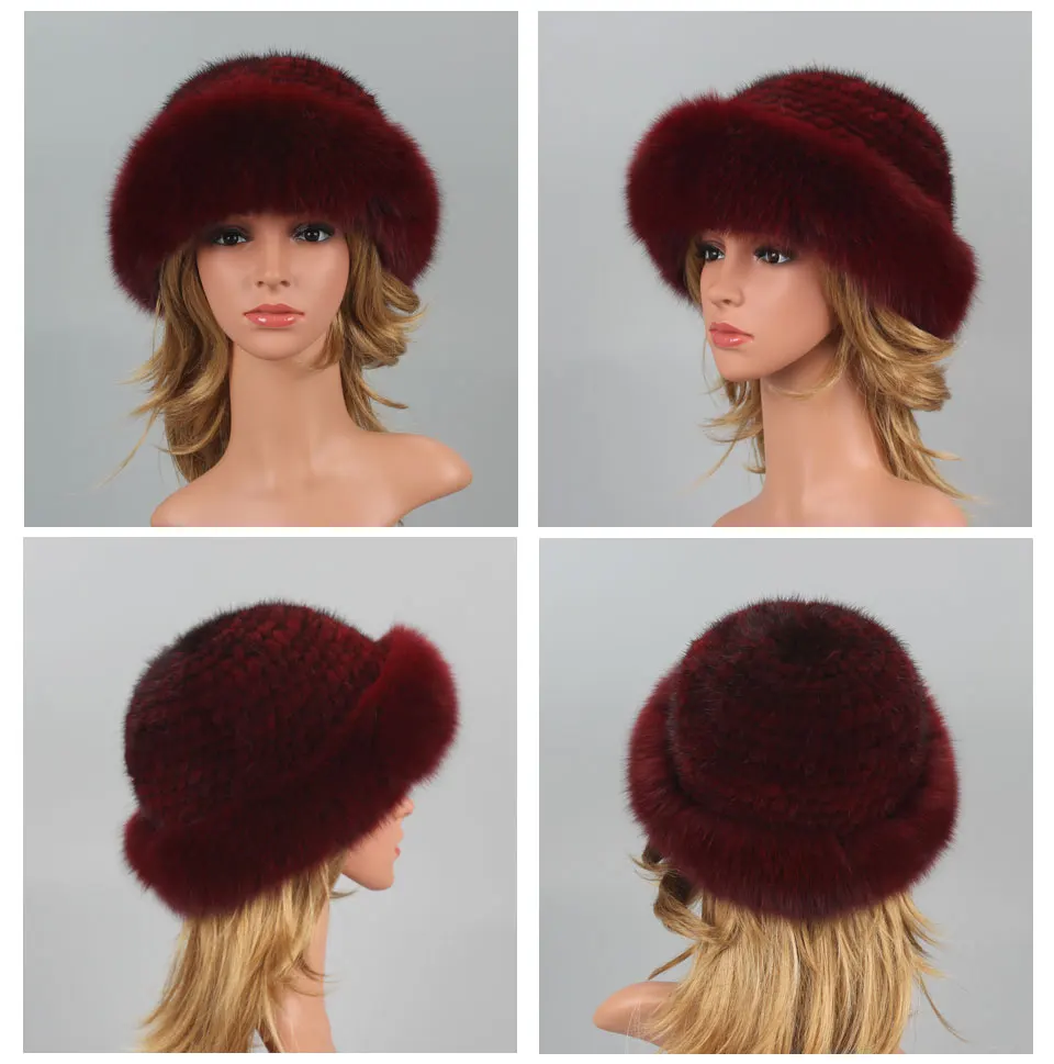 Real Fur Hat Winter for Women's Cap Natural Mink Fur with Fox fur
