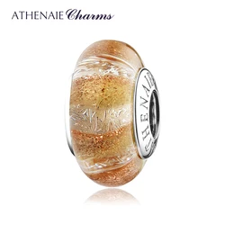 ATHENAIE 100% Sterling Silver Golden Stripes Shimmer Murano Glass Beads Charms fit Charm Bracelet Jewelry Christmas DEAL Weeding