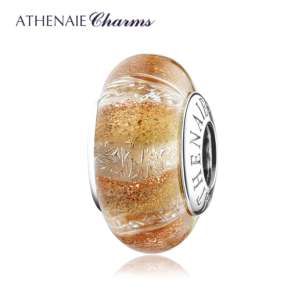 ATHENAIE 100% Sterling Silver Golden Stripes Shimmer Murano Glass Beads Charms fit Charm Bracelet Jewelry Christmas DEAL Weeding