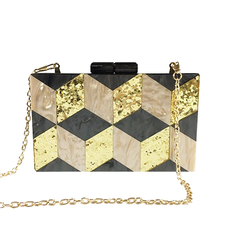 New Stylish Handbag Black Golden Glitter Rhombus Acrylic Evening Clutch Purse Luxury Party Dinner Chain Shoulder Bag Mini Wallet