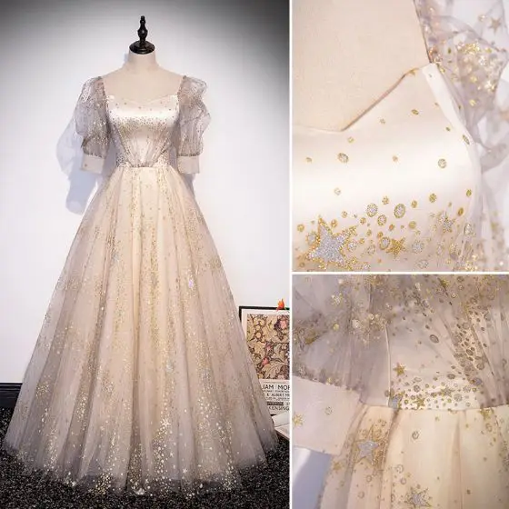 Moda champanhe estrela lantejoulas vestidos de baile a linha princesa quadrado pescoço manga curta sem costas andar de comprimento longo vestidos formais