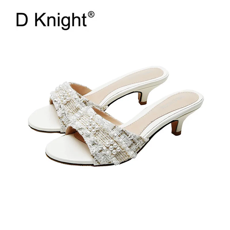 

Women's Slippers Fashion 2021 Summer Ladies Slides New Pearl 4.5/6.5/8.5cm Heel Pumps Shoes Woman Big Size 34-43 Flat Heel Mules