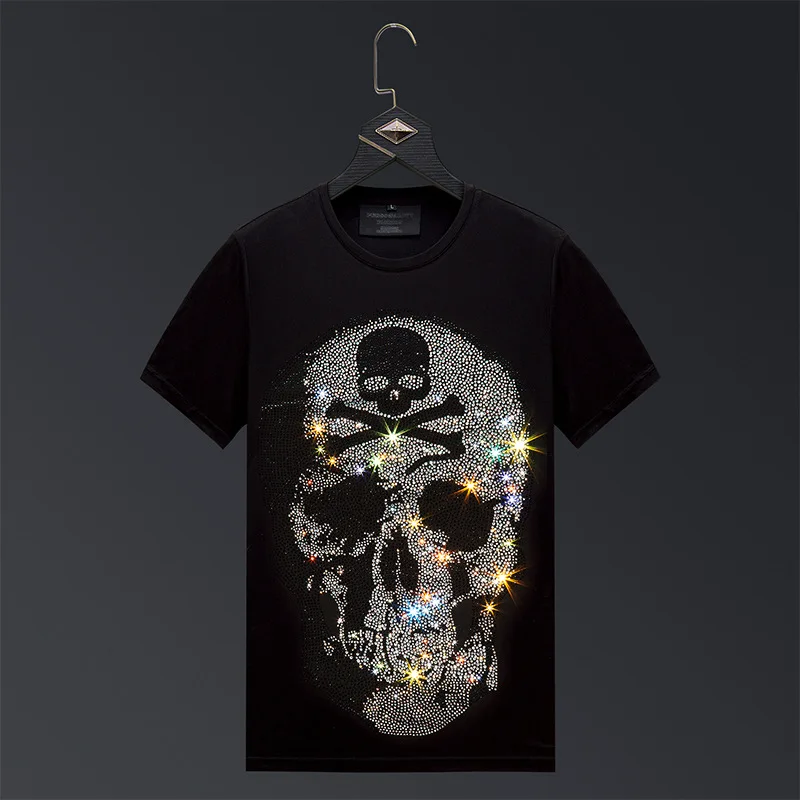 

Plus Size 2024 Fashion Rhinestones Skulls T Shirts Men Summer Streetwear Short Sleeve Man O Neck Slim Tshirts Calaveras Camiseta