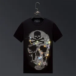 Plus Size 2024 Fashion Rhinestones Skulls T Shirts Men Summer Streetwear Short Sleeve Man O Neck Slim Tshirts Calaveras Camiseta