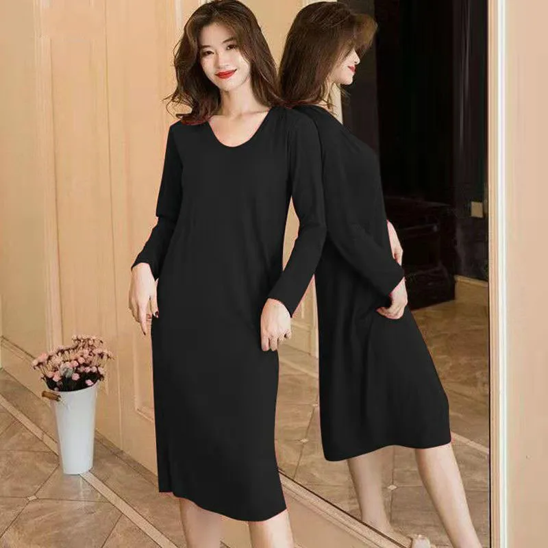 Women Autumn Long Sleeve Solid Nightgown O-neck Over Knees Sweet Nighties Padded Elegant Comfort Lounge Wear Casual Sleepshirts image 6