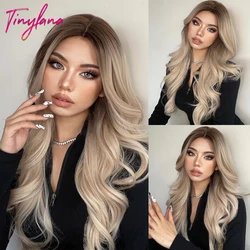 TINY LANA Synthetic Long Wavy Wig Ombre Brown Platinum Blonde Middle Part Wigs for Women Body Wave Heat Resistant Natural Hair