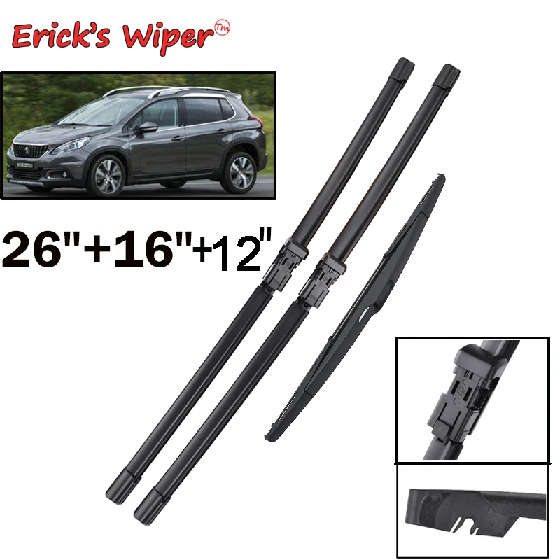 Erick's Wiper Juego de Escobillas Limpiaparabrisas, Limpiadores para Ventana de Parabrisas Delantero y Trasero, Set para Peugeot 2008 A94, 2013 al 2018, 26", 16" y 12"