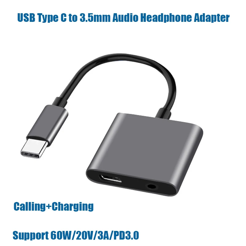 2in1 USB Type C to 3.5mm Audio Headphone Adapter Music Audio Splitter Jack PD 60W Charger Cable for Samsung Huawei Honor Adapter