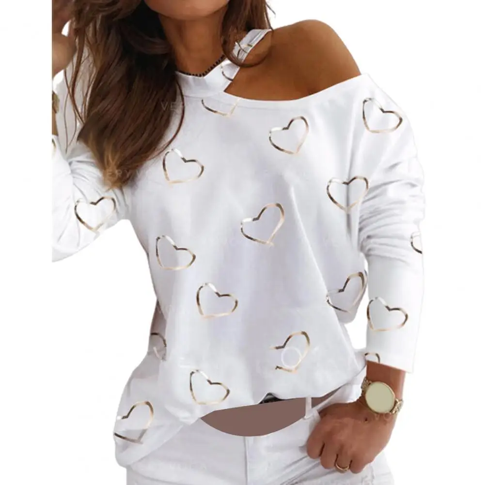 Sexy Women One Shoulder Pullover Female Knit Blouse Women Long Sleeve Hollow Out Blouse Love Heart Print One Shoulder Pullover