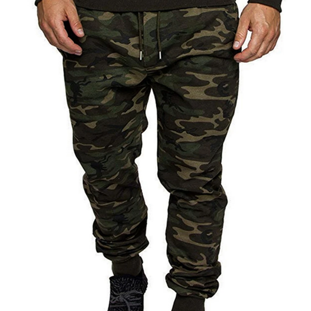 Calças esportivas camufladas masculinas, bolsos de cordão, cós elástico, calças de corrida de ginástica, cor monocromática