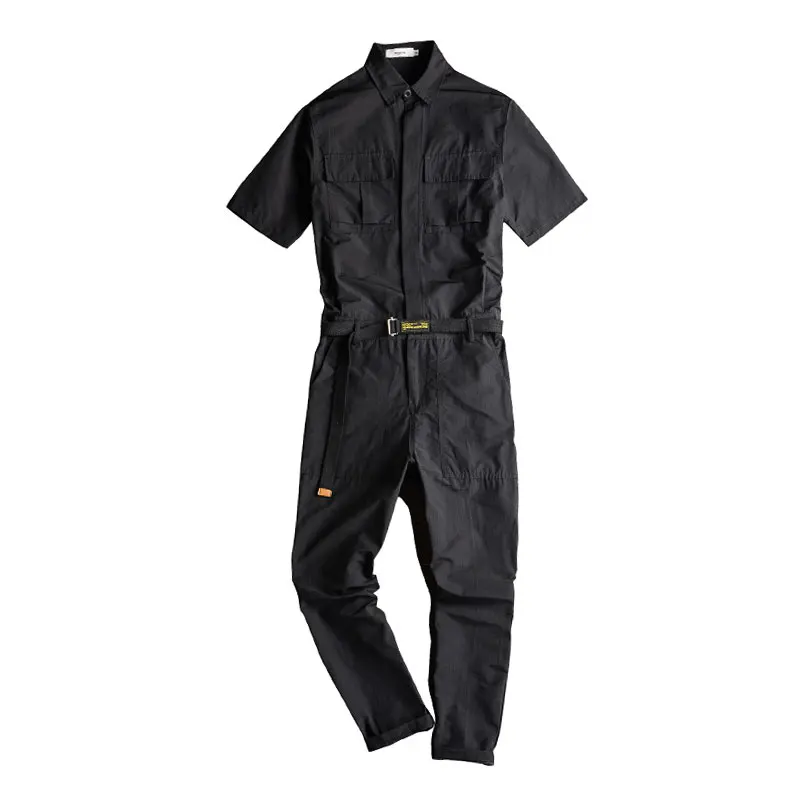 2021 Summer Thin Short Sleeve Men Jumpsuit Lapel Multi-Pocket Breathable Overalls Fashion Black Yellow Pants Workwear Trousers