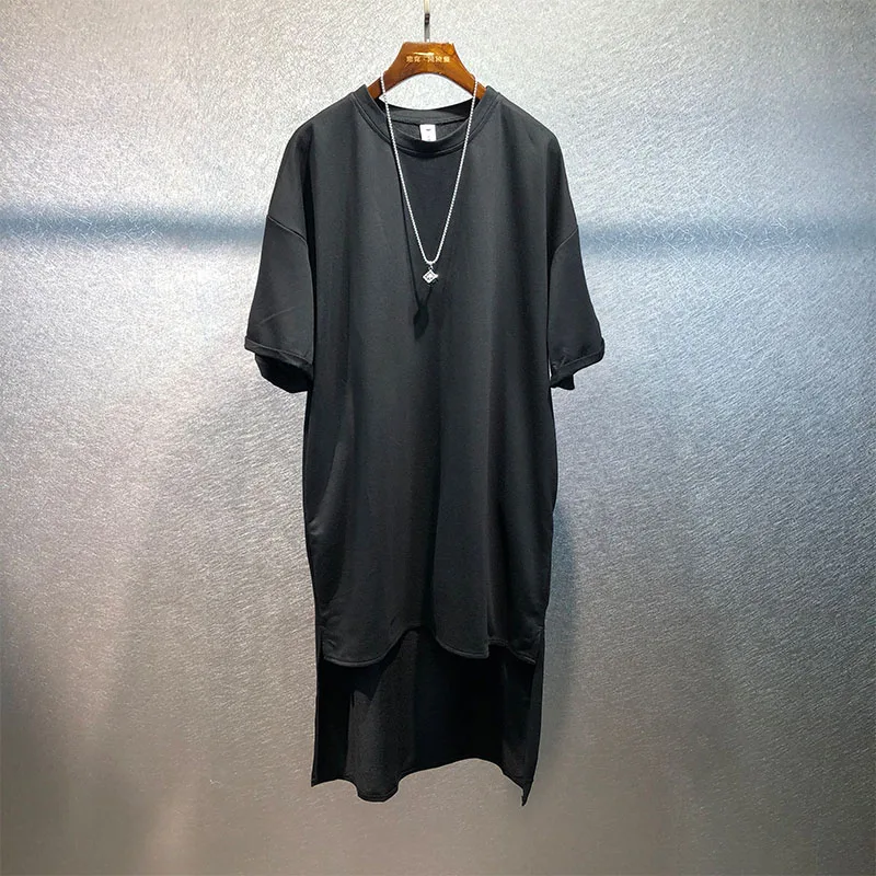 Dark black solid color, short front and long back, fashionable, loose inner base, Harajuku style, handsome trendy black top t-sh