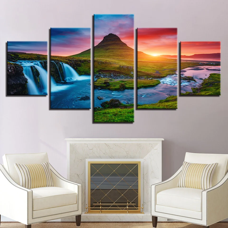 5 Pieces Wall Art Canvas Prints Pictures Beautiful Iceland Waterfall Paintings Green Mountain River Landscape Posters Home Decor