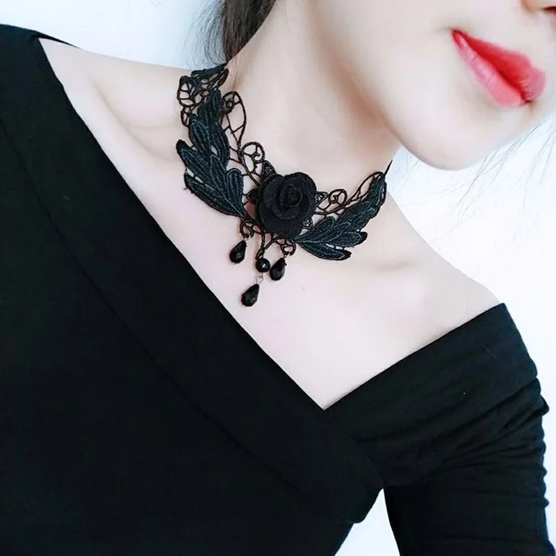 Rose Flower Beads Tassel Fashion Velvet Choker for Women Vintage Sexy Lace Necklace Girl Neck Jewelry Accessories