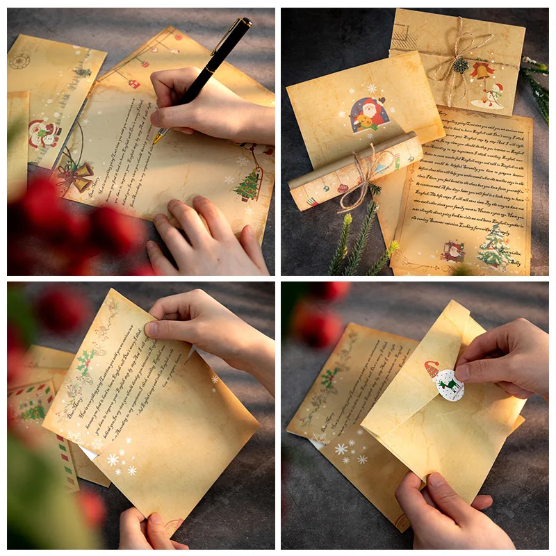 Yatniee 6pcs Kraft Paper Vintage Letter Writting Paper Christmas Pattern Envelope Wedding Party Invitation Xmas Gift Envelops