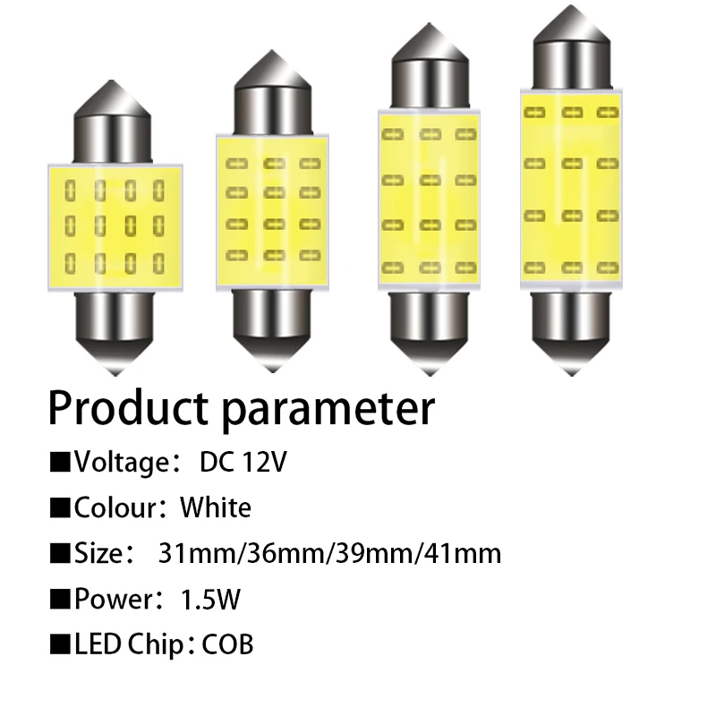 1pcs Car C10W C5W LED COB Festoon 31mm 36mm 39mm 41/42mm White Trunk Bulbs License Plate Interior Dome Lamp Reading Lights 6500K