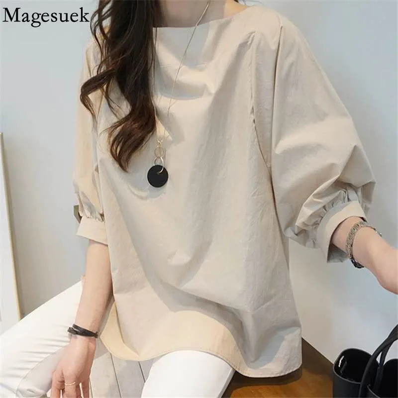 

Casual Crew Neck Loose Blouse Women Korean Lantern Short Sleeve White T-shirts Tops 2021 Fashion Summer Shirt Tees Blusas 15740