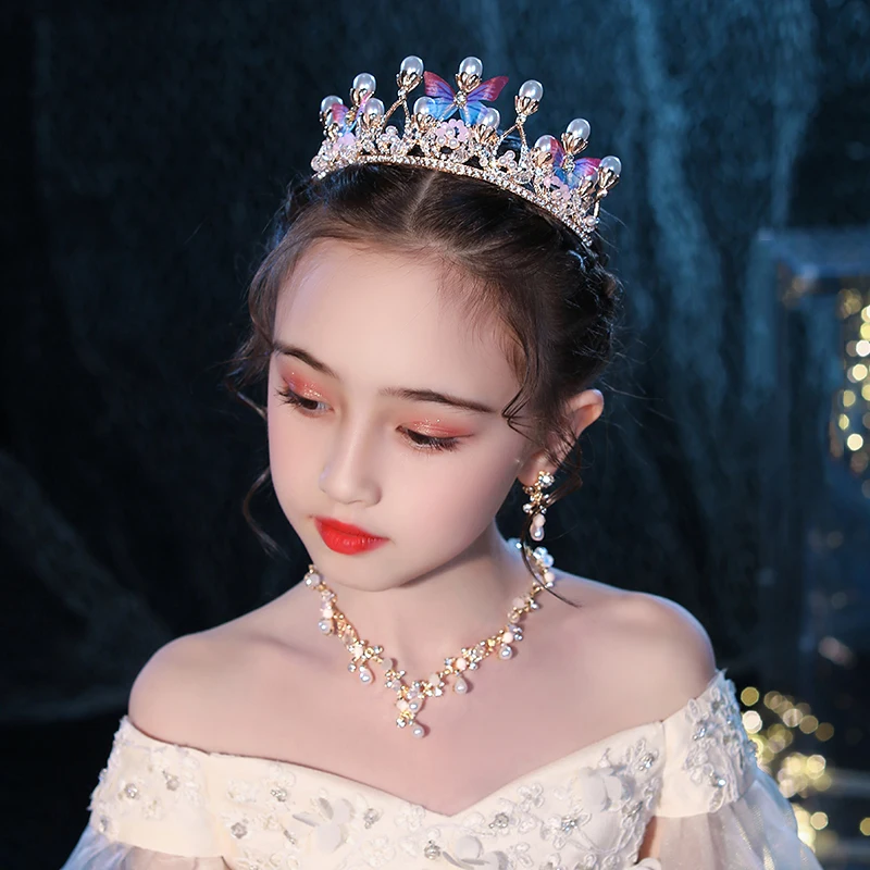 Gold Color Tiaras And Crowns Butterfly Pearls Crystal Handmade Children Crown Photography Party For Kids Women Princess Diadems