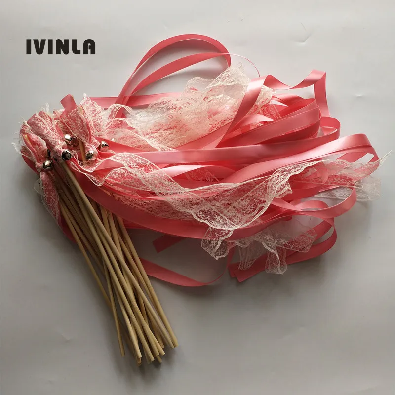 50pcs/lot pink  wedding wands wedding ribbon stick with cream  lace and sliver bell for wedding decoration