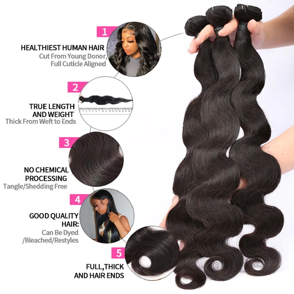 Brazilian Body Wave Weave Bundles para Mulheres Negras, Cor Natural, Remy Cabelo Humano, Atacado, 28 ", 30", 3 Pcs