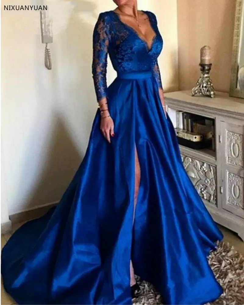 2021 Royal Blue Plus Size Party Jurken Sexy V-hals Lace Lange Mouwen Voorkant Split Formele Avondjurken Lange Abendkleider