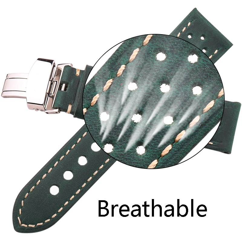 Breathable Genuine Leather Watchband 20mm 22mm 24mm For Smart Watch Strap Brown Coffee Black Green Cowhide Band Accessories