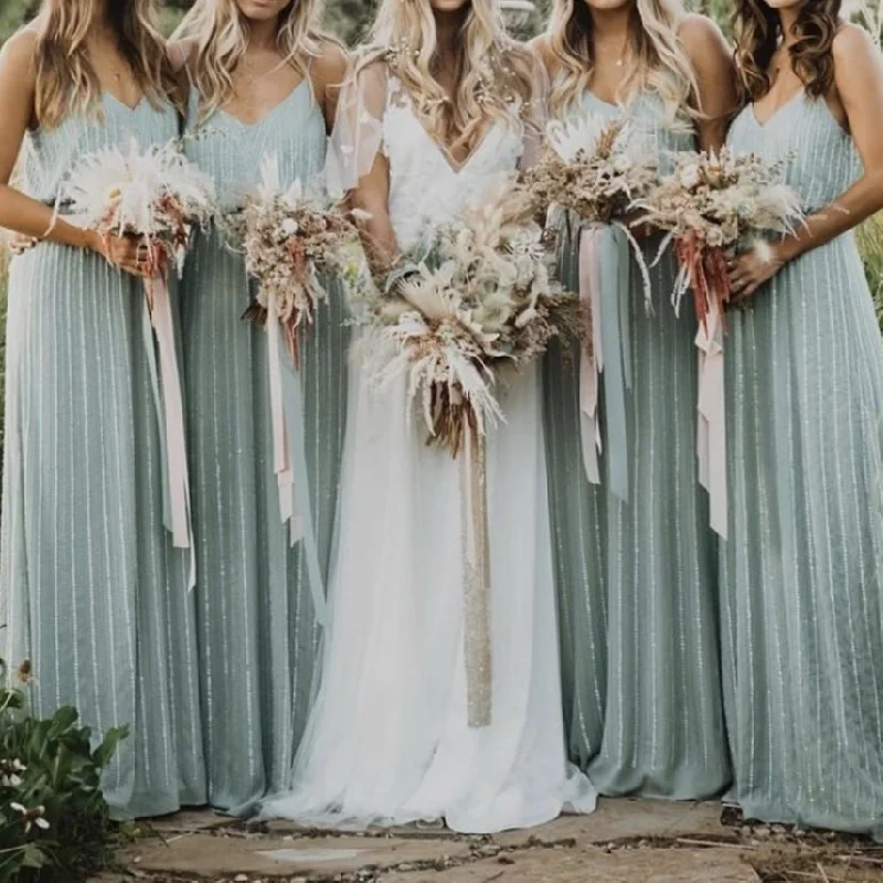 Mint Green Bridesmaid Dress A-Line Spaghetti Straps V-Neck Backless Sleeveless Draped Floor Length Wedding Party Gowns 2023