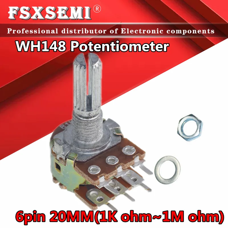 5pcs WH148 B1K B2K B5K B10K B20K B50K B100K B500K 6Pin 20mm Amplifier Dual Stereo Potentiometer 1K 2K 5K 10K 50K 100K 500K