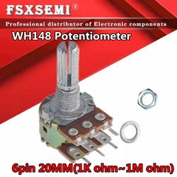 Amplificador potenciômetro wh148 b1k b2k b5k b10k b20k b50k b100k b500k 6pin 20mm, 1k 2k 5k 10k 50k 100k 500k, 2pcs