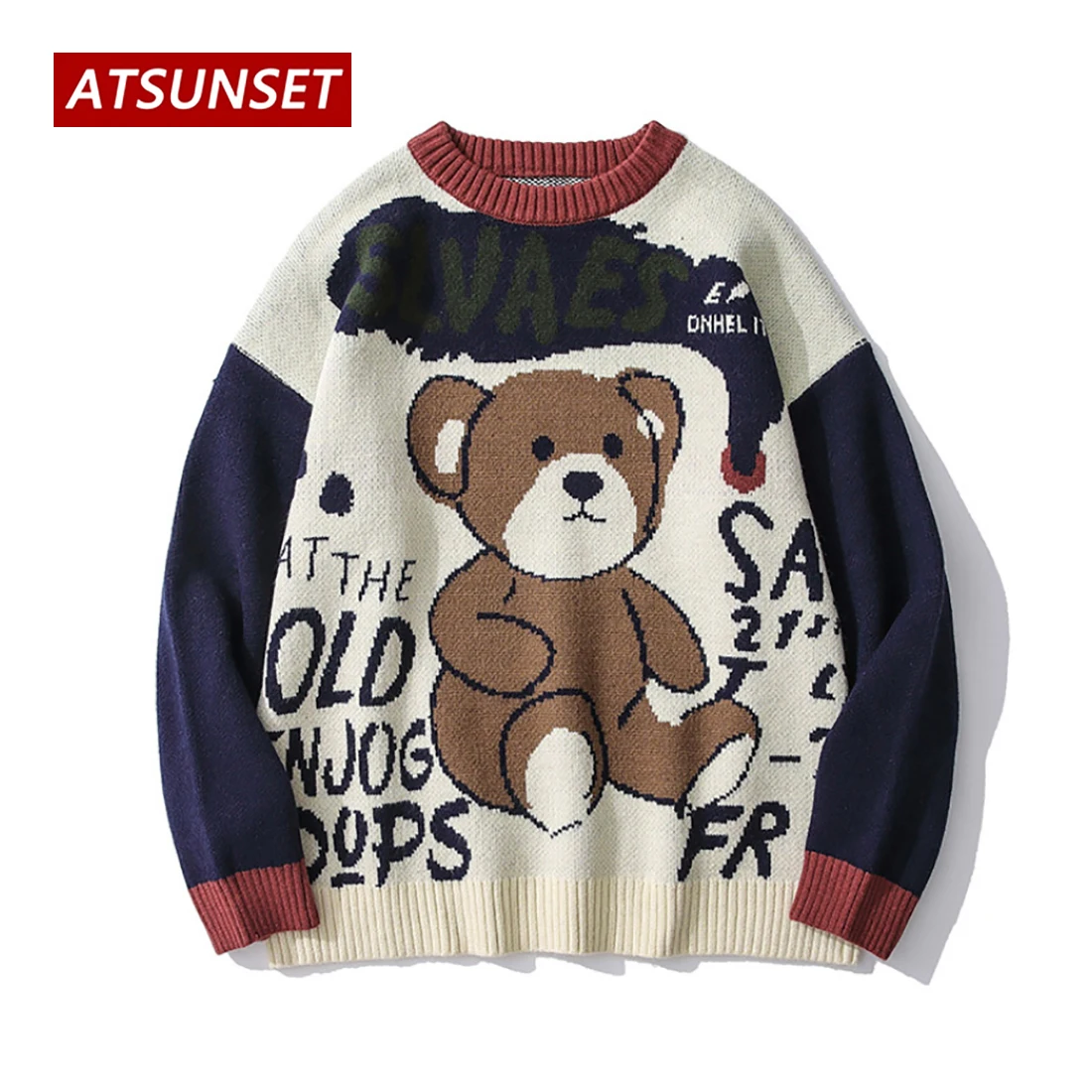 ATSUNSET Cartoon Brown Bear Knitted Wool Autumn And Winter Harajuku Japanese And Korean Pullover Daily Streetwear Top