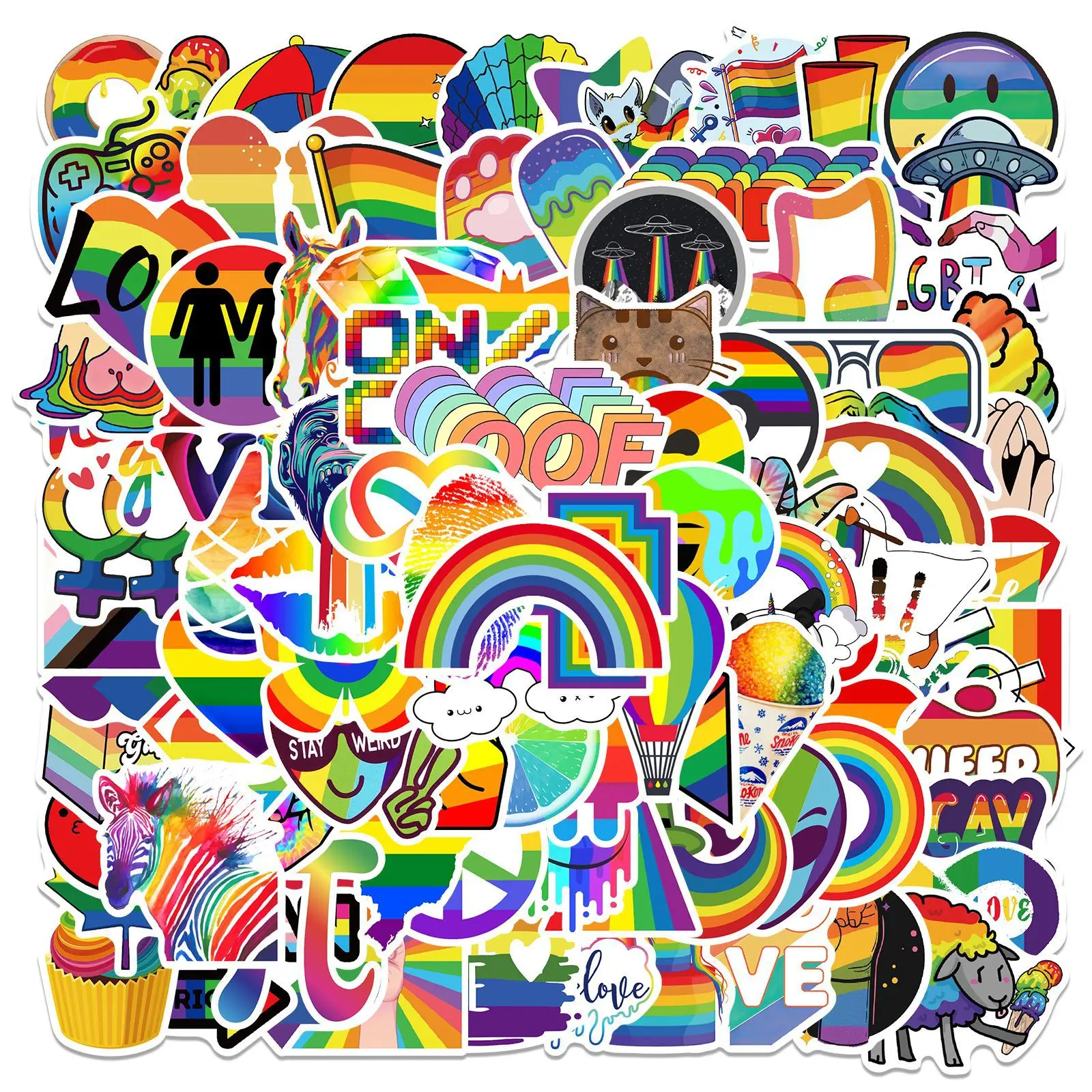 10/30/50PCS Cartoon Colorful Rainbow Decoration Suitcase Notebook Stickers Motorcycle Mobile Phone Water Cup Stickers Wholesale