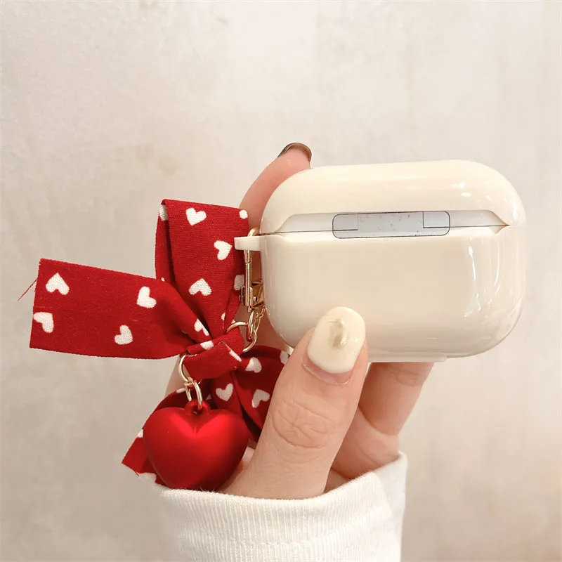 خمر الأحمر الحب القلب المفاتيح ل أبل airpods 3 برو 2 غطاء لطيف القوس البيج سماعات حالات ل airpods 4 سماعة صندوق