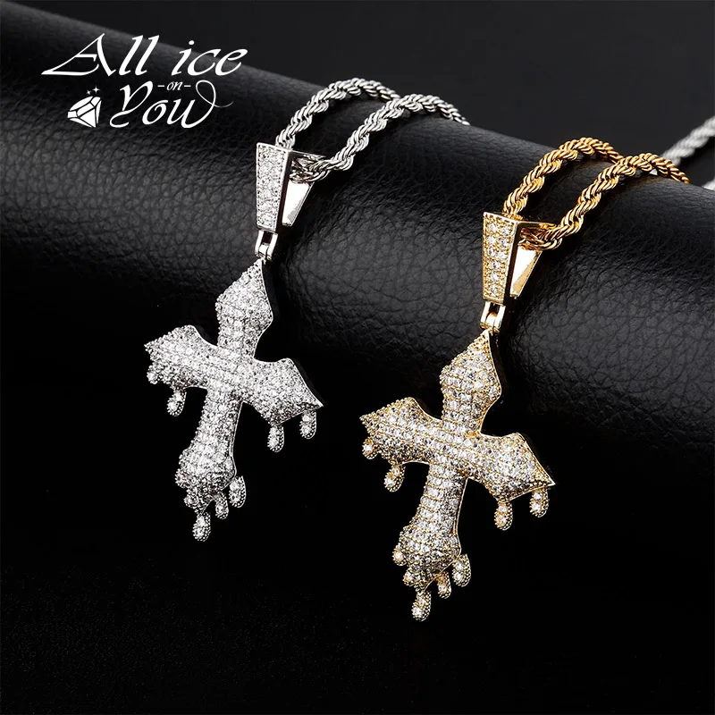 ALLICEONYOU New Iced Out Cubic Zirconia Hip Hop Cross Pendant Necklace Fashion  Jewery Cuban Chain For Gift