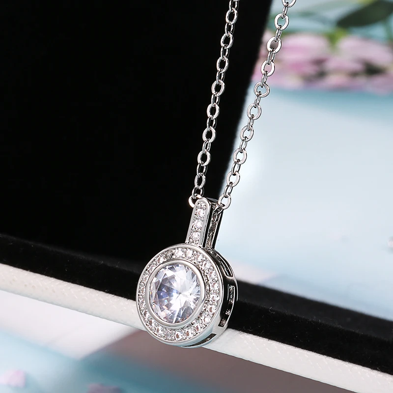 Kinel Simple Shiny Natural Zircon Round Pendant Necklace For Women Fashion Silver Color Bridal Accessories Daily Fine Jewelry