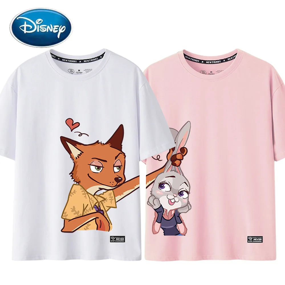 Disney T-Shirt Chic Fashion Zootopia Rabbit Fox Cartoon O-Neck Women T-Shirt Unisex Couples Cotton Tee Short Sleeve Tops 8 Color