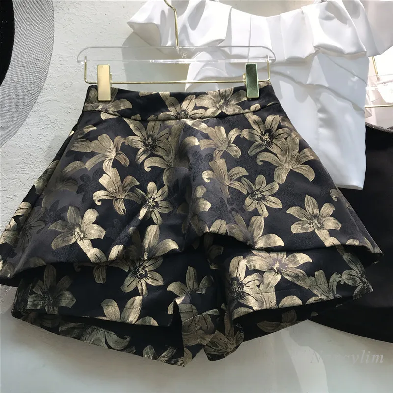 Retro Printed Short Women 2021 Autumn New Slim Fit High Waist All-Matching Pettiskirt Korean Style Flare Shorts Femme